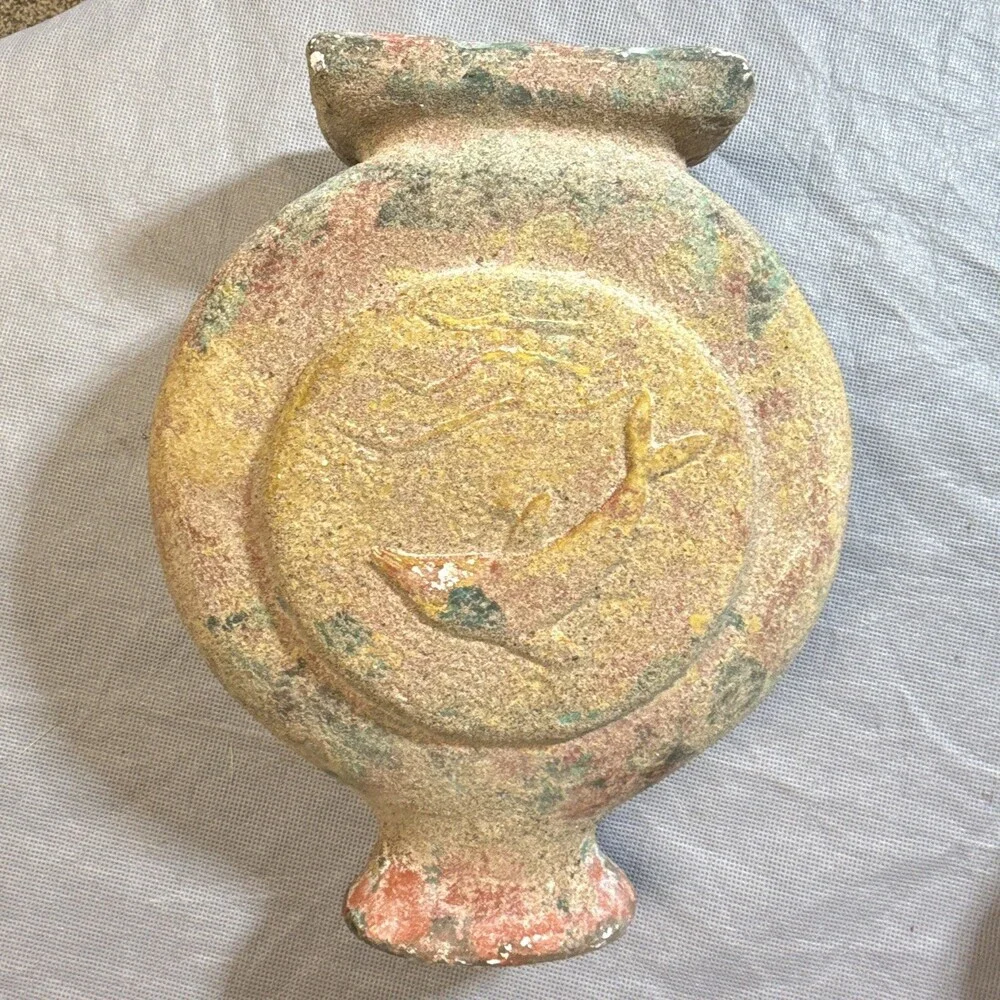 Mexico Art Pottery Textured Clay Vase Beige Red Green Impressed Backstamp